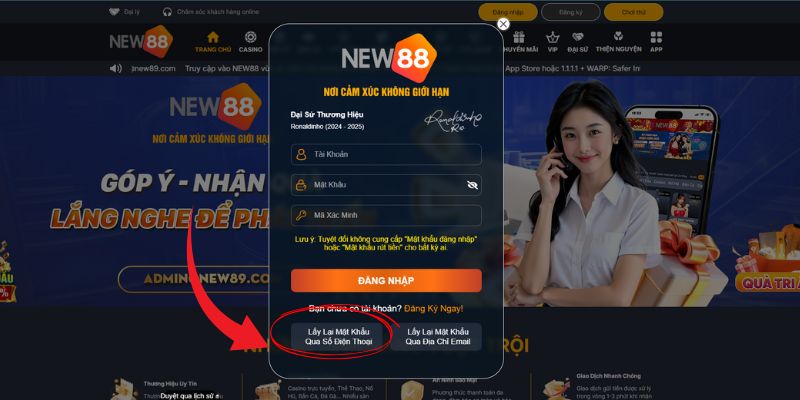 Chọn dòng lấy lại mật khẩu qua trang đăng nhập New88 Chọn dòng lấy lại mật khẩu qua trang đăng nhập New88