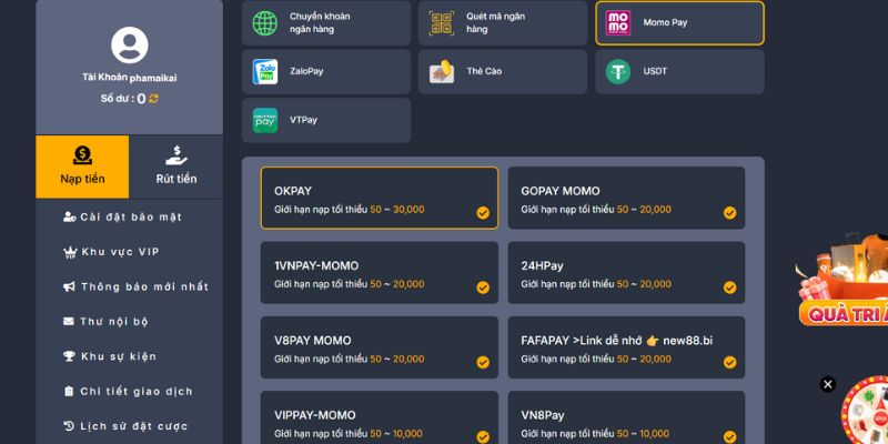 Thao tác nạp tiền bằng ví điện tử Thao tác nạp tiền bằng ví điện tử