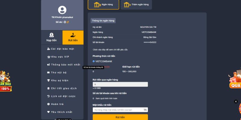 Thực hiện các thao tác rút tiền từ nhà cái